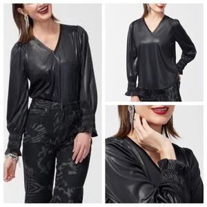 Chico's Black V-Neck Faux Leather Top